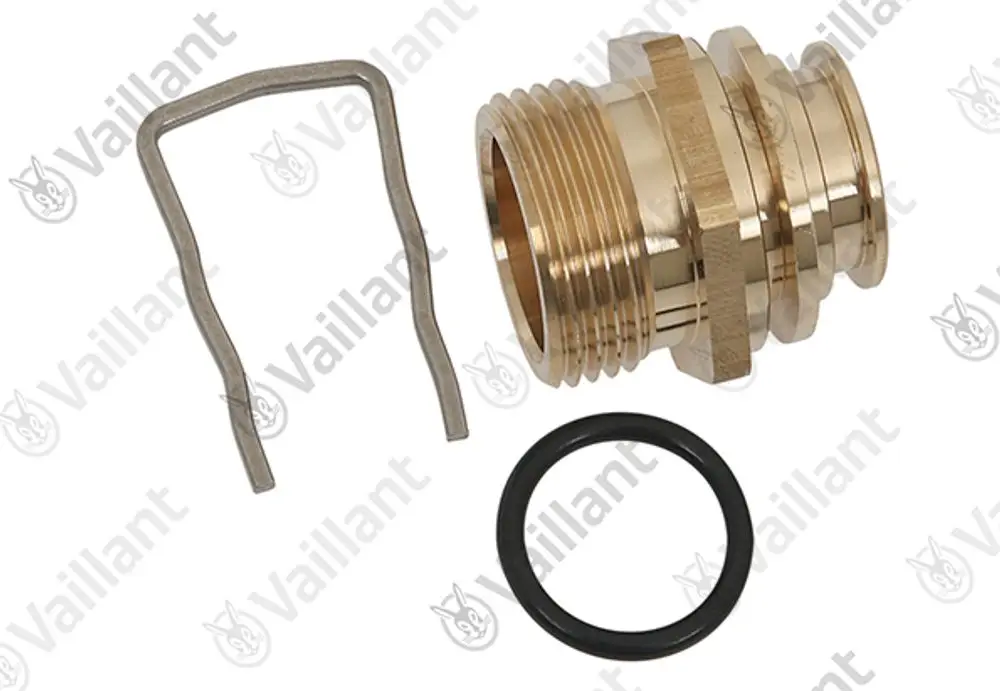 Vaillant Nippel in Messing mit Gewinde und O-Ring, zusammen mit einer Feder, für Leitungsanschlüsse in Heizungsanlagen.